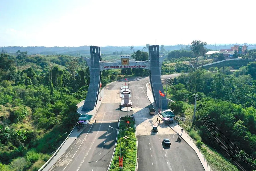Le Thanh border gate seen from above, surrounded by forest